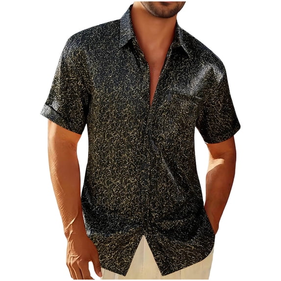 Dvprdro Mens Short Sleeve Button Down Shirt Camp Collar Metallic Gold Print Summer Beach Resort Top