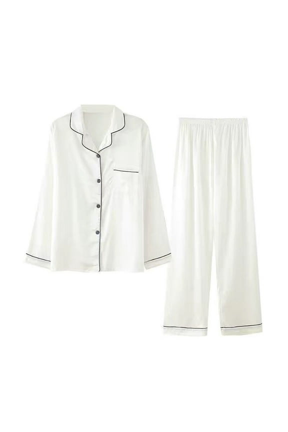 Mens Silk Satin Pajama Sets Plus Size Long Sleeve Button Down PJ Set with Pocket Sleepwear Loungewear White XXL