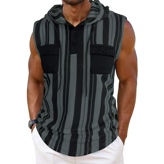 Dvprdro Mens Striped Tops Fashion Sleeveless Hooded Button Blouse Casual Loose Workout Sports Outdoor Tank Tops wirh Pockets for Men Black