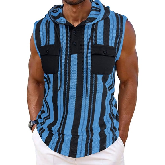 Dvprdro Mens Striped Tops Fashion Sleeveless Hooded Button Blouse Casual Loose Workout Sports Outdoor Tank Tops wirh Pockets for Men Light Blue