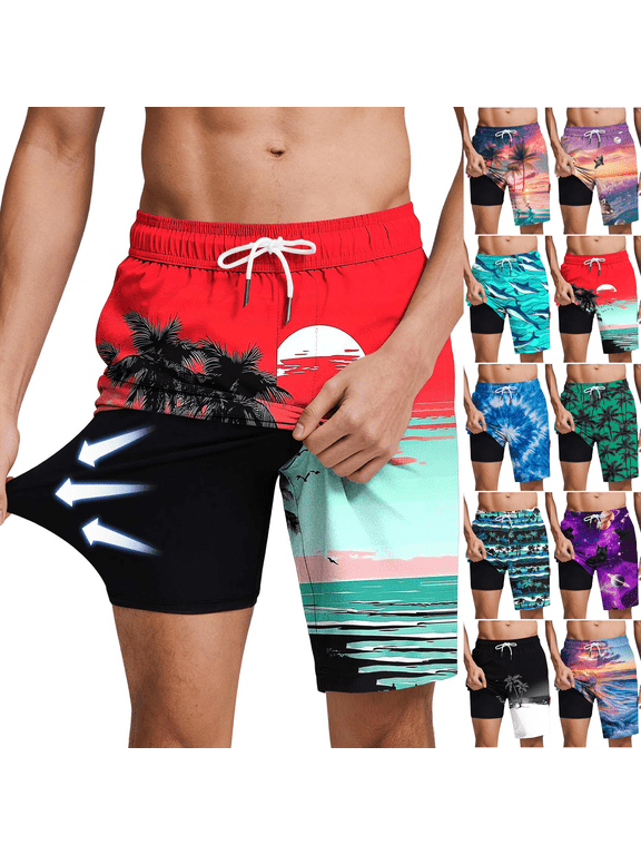 Mens Swim Trunks Elastic Drawstring Waist Beach Shorts with Lined Inner Liner Side Pockets Summer Surf Swimming Trunks