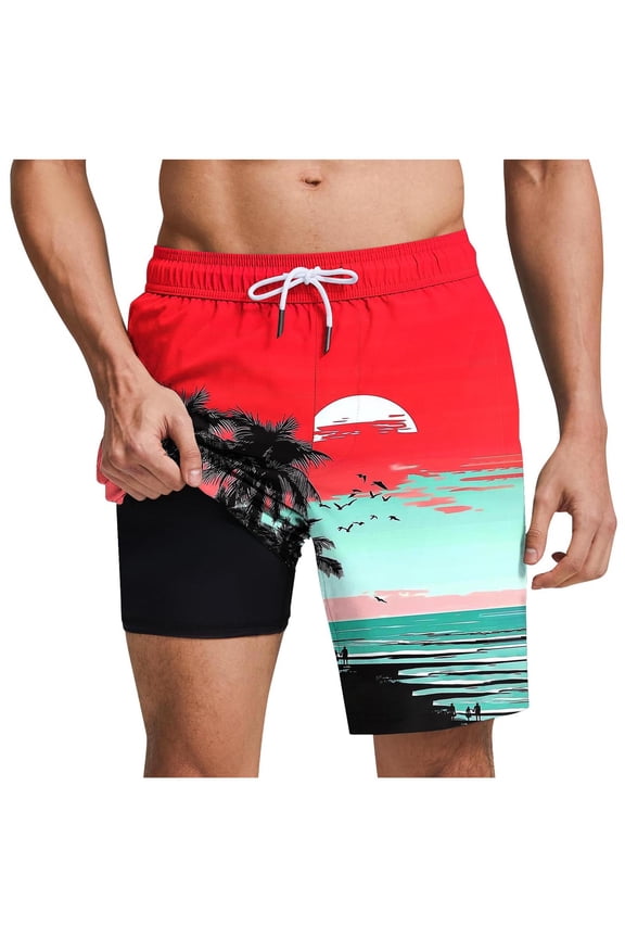 Mens Swim Trunks Elastic Drawstring Waist Beach Shorts with Lined Inner Liner Side Pockets Summer Surf Swimming Trunks