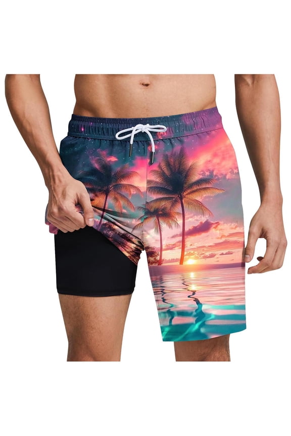 Mens Swim Trunks Elastic Drawstring Waist Beach Shorts with Lined Inner Liner Side Pockets Summer Surf Swimming Trunks