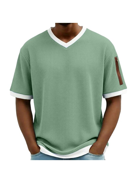 Mens V Neck Short Sleeve Waffles Knit Shirt Breathable Mesh Summer Casual Pullover Top