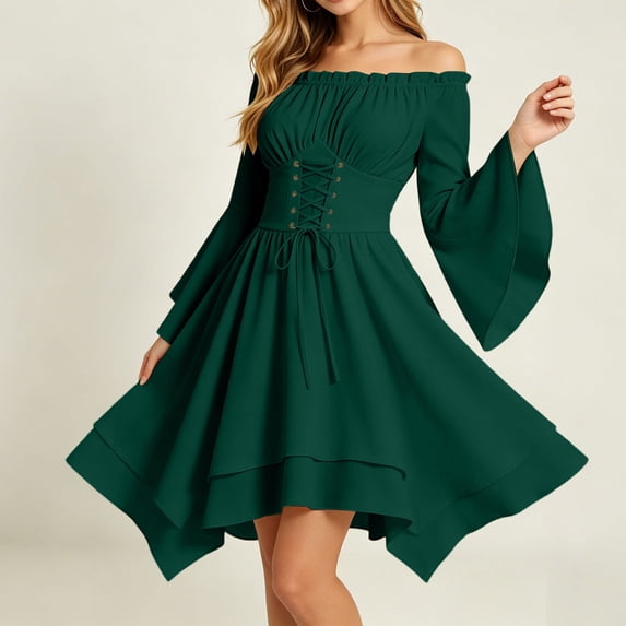 Dvprdro Off Shoulder Dress for Women Batwing Sleeve Ruffled Hem Mini Short Dress Halloween Costume Party Dresses