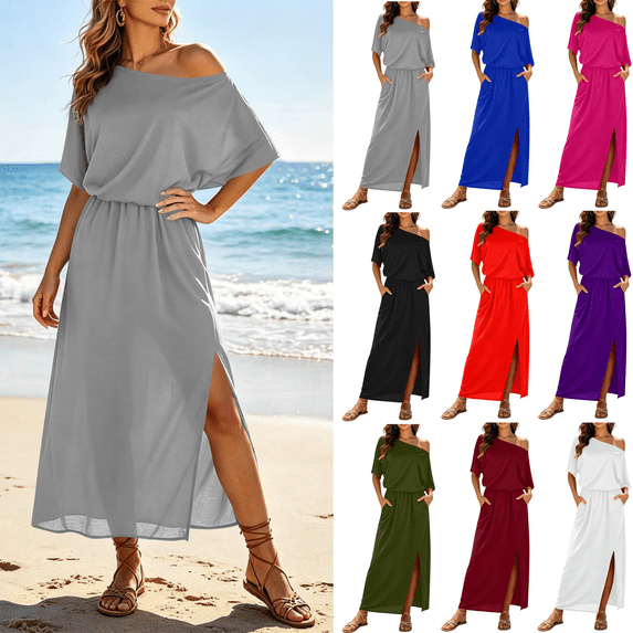 Dvprdro Off Shoulder Midi Dress for Women Short Sleeve Elastic Waist Side Pockets Side Split Solid Color Summer