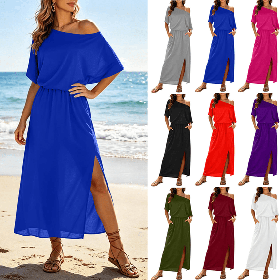 Dvprdro Off Shoulder Midi Dress for Women Short Sleeve Elastic Waist Side Pockets Side Split Solid Color Summer