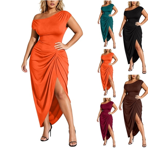 Dvprdro One Shoulder Short Sleeve Ruched Side Fitted Midi Dress for Women Plus Size Summer Party Casual Solid