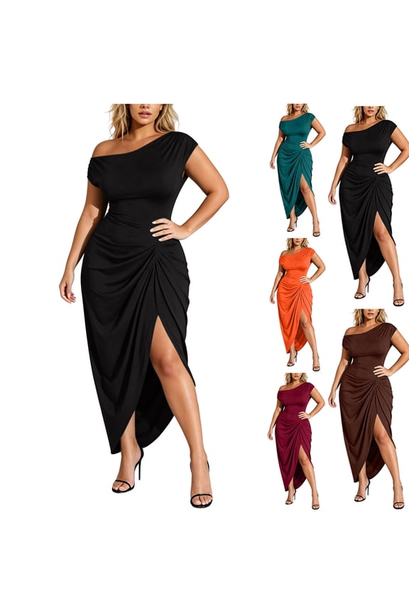 One Shoulder Short Sleeve Ruched Side Fitted Midi Dress for Women Plus Size Summer Party Casual Solid