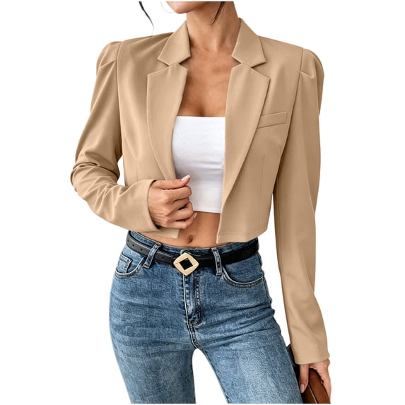 Dvprdro Open Front Blazer for Women Cropped Length Long Sleeve Stand Collar Light weight Work Jacket Solid