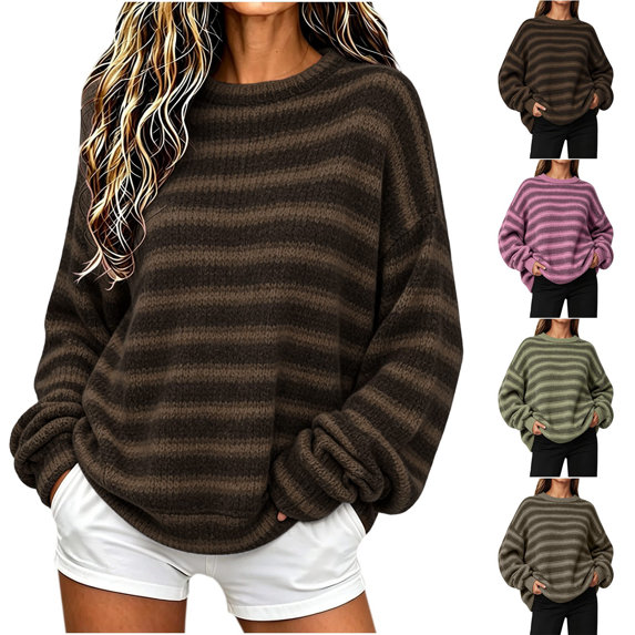 Dvprdro Oversized Striped Knit Sweater for Women Crewneck Loose Fit Long Sleeve Drop Shoulder Plus Size Winter Casual Pullover