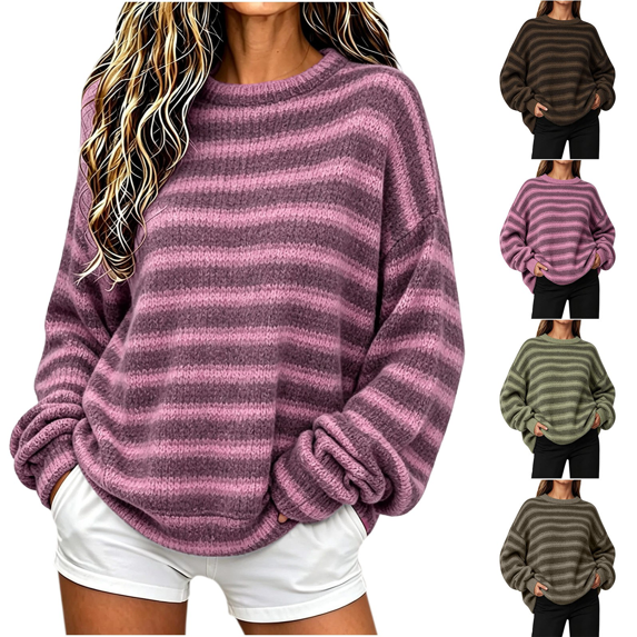 Dvprdro Oversized Striped Knit Sweater for Women Crewneck Loose Fit Long Sleeve Drop Shoulder Plus Size Winter Casual Pullover