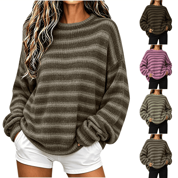 Dvprdro Oversized Striped Knit Sweater for Women Crewneck Loose Fit Long Sleeve Drop Shoulder Plus Size Winter Casual Pullover