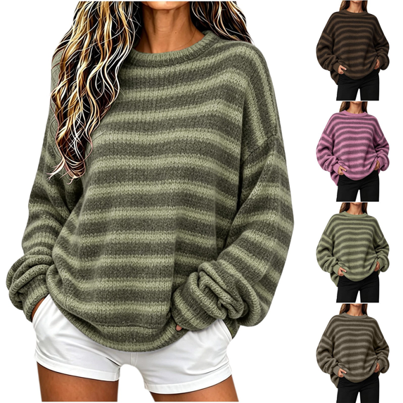 Dvprdro Oversized Striped Knit Sweater for Women Crewneck Loose Fit Long Sleeve Drop Shoulder Plus Size Winter Casual Pullover