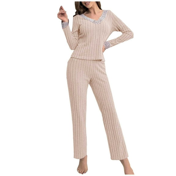 Dvprdro Pajamas for Women Fashion Striped Lounge Set Long Sleeve Crewneck Knit Sweater Top and athletic Flare Pants Cozy Loungewear Pajama Set