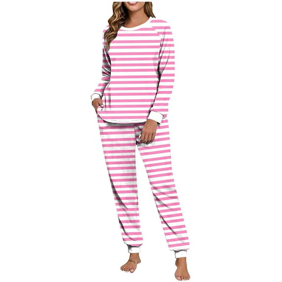 Dvprdro Pajamas for Women Set Winter Fleece Pajama Set 2-Piece Striped Raglan Sleeve Cuffed Top with Drawstring Pants, Comfy Loungewear Sleepwear