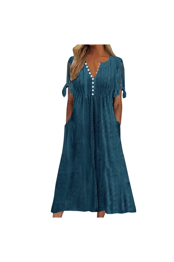 Plus Size Dress for Women Summer Fashion Solid Button V Neck Short Sleeve A Line Casual Loose Beach Sun Long Maxi Dress with Pockets