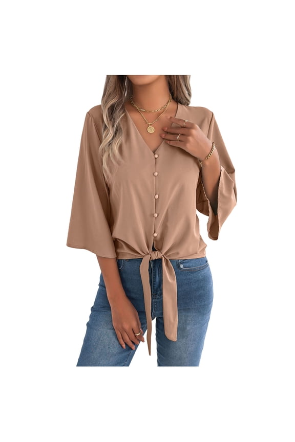 Ruffle Sleeve Button Front V Neck Blouses for Women 3/4 Sleeve Wrap Front Solid Loose Fit Summer Casual