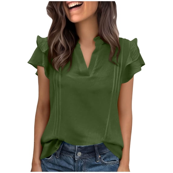 Dvprdro Ruffle Sleeve Tops for Women Trendy V Neck Solid Work Blouses Dressy Casual Shirts