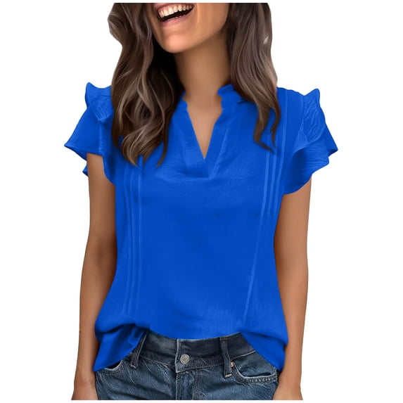 Dvprdro Ruffle Sleeve Tops for Women Trendy V Neck Solid Work Blouses Dressy Casual Shirts