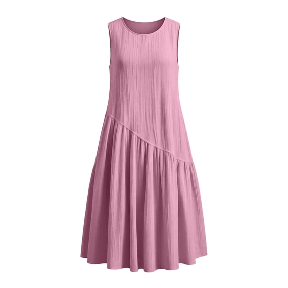 Dvprdro Solid Cotton Linen Crewneck Sleeveless Midi Dress for Women Ruched Bodice Flared Hem Loose Fit Summer Beach