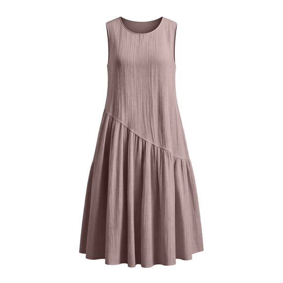 Dvprdro Solid Cotton Linen Crewneck Sleeveless Midi Dress for Women Ruched Bodice Flared Hem Loose Fit Summer Beach