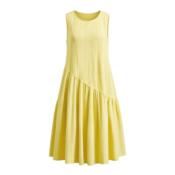 Dvprdro Solid Cotton Linen Crewneck Sleeveless Midi Dress for Women Ruched Bodice Flared Hem Loose Fit Summer Beach