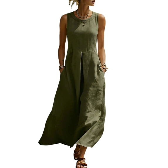 Dvprdro Solid Crew Neck Sleeveless Maxi Dress for Women Side Pockets Loose Fit Summer Vacation