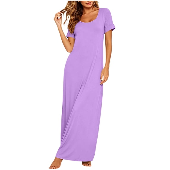 Dvprdro Solid Crewneck Short Sleeve Loose Fit Maxi Dress for Women Summer Vacation Beach