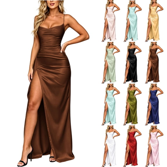 Dvprdro Spaghetti Strap Satin Side Slit Fitted Pencil Maxi Dress for Women Adjustable Straps Solid Summer Night Out