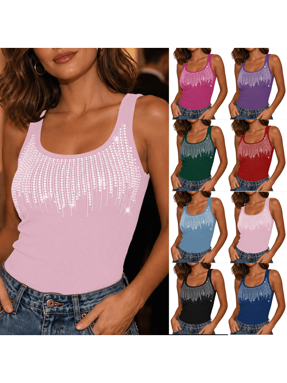 Sparkly Rhinestone Cami for Women Ribbed Knit U Neck Sleeveless Fitted Stretch Sequin Tank Top Party Club Date Night Out