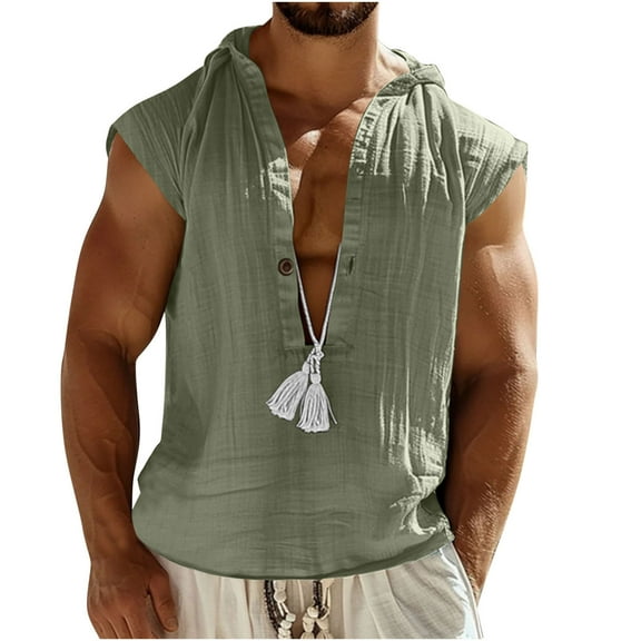 Dvprdro Summer Cotton Linen Short Sleeve Shirts for Men Fashion Casual Solid Deep V Neck Tunic Blouse Tops Lightweight Hooded Tee Shirts Army Green L