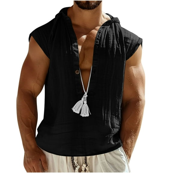 Dvprdro Summer Cotton Linen Short Sleeve Shirts for Men Fashion Casual Solid Deep V Neck Tunic Blouse Tops Lightweight Hooded Tee Shirts Black S