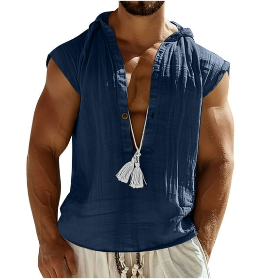 Dvprdro Summer Cotton Linen Short Sleeve Shirts for Men Fashion Casual Solid Deep V Neck Tunic Blouse Tops Lightweight Hooded Tee Shirts Navy S