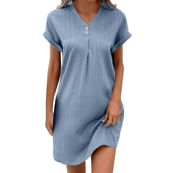 Dvprdro Summer Dress for Women 2025 Fashion Solid Button V Neck Short Sleeve Pleated T Shirt Dress Casual Loose Beach Sun Mini Dress
