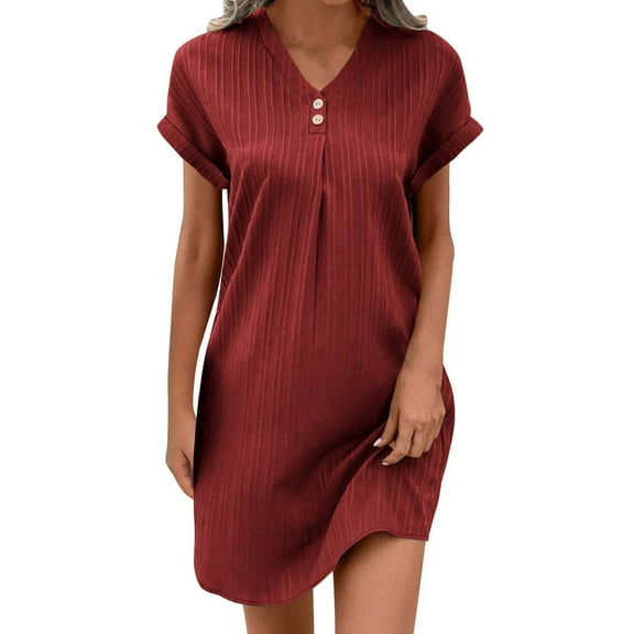 Dvprdro Summer Dress for Women 2025 Fashion Solid Button V Neck Short Sleeve Pleated T Shirt Dress Casual Loose Beach Sun Mini Dress