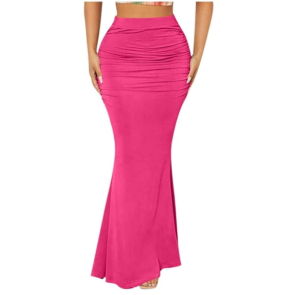 Dvprdro Summer High Waist Pleated Wrap Maxi Skirt for Women Fashion Casual Solid Stretchy Long Elastic Waist Skirt Hot Pink Sizes S