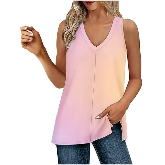 Dvprdro Summer Tank topss for Women Fashion Gradient Color V Neck Sleeveless Side Split Casual Loose Tunic Blouses