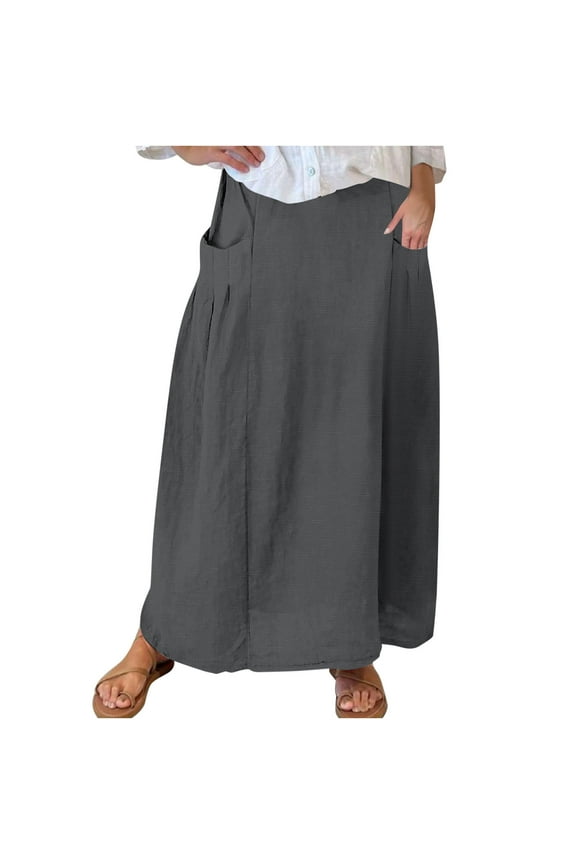 Summer Womens Fashion Long Maxi Skirts Casual Loose Solid Elastic Waist Pleated Plus Size Beach Skirt with Pockets Dark Gray Sizes 4XL