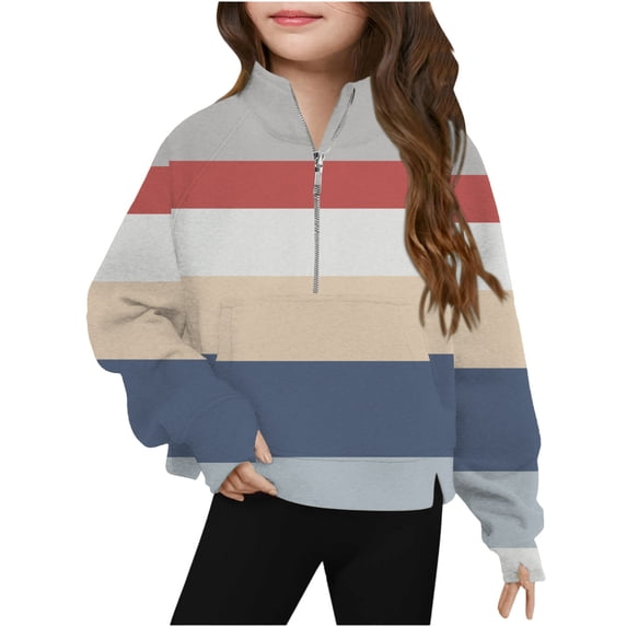 Dvprdro Sweatshirts for Teen Girls Trendy Strip Color Block Print Half-Zip Stand Collar Pullover Top Fall Winter Long Sleeve Fleece Blouse