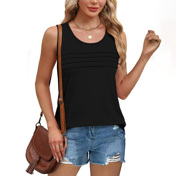 Dvprdro Tank Top for Women Pleated Sleeveless Scooped Neck Dressy Blouses Casual Loose Fit Summer Tops Black XL