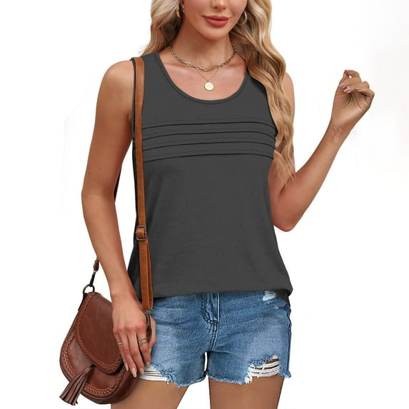 Dvprdro Tank Top for Women Pleated Sleeveless Scooped Neck Dressy Blouses Casual Loose Fit Summer Tops Gray XXXL