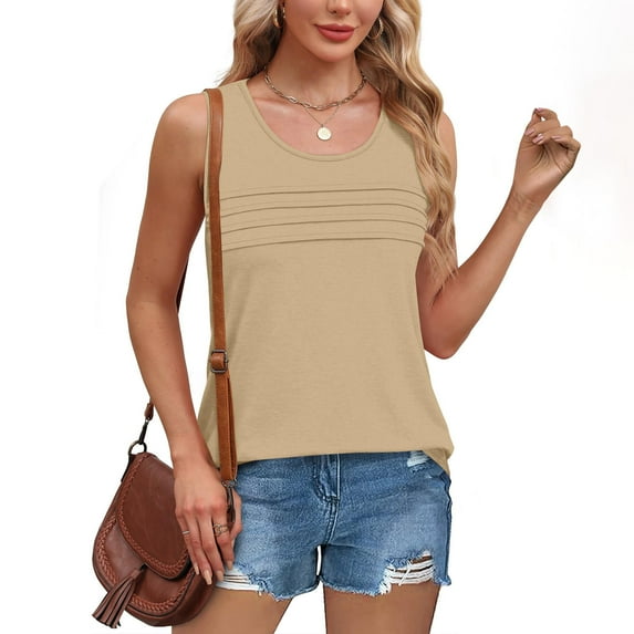 Dvprdro Tank Top for Women Pleated Sleeveless Scooped Neck Dressy Blouses Casual Loose Fit Summer Tops Khaki L