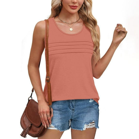 Dvprdro Tank Top for Women Pleated Sleeveless Scooped Neck Dressy Blouses Casual Loose Fit Summer Tops Orange XL