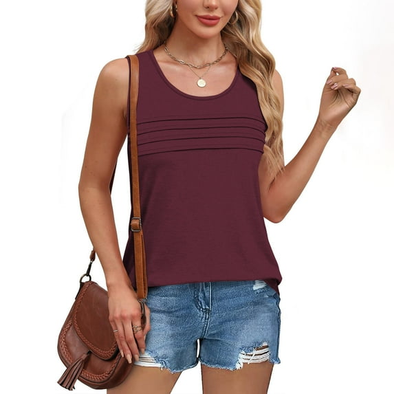 Dvprdro Tank Top for Women Pleated Sleeveless Scooped Neck Dressy Blouses Casual Loose Fit Summer Tops Wine XXXL