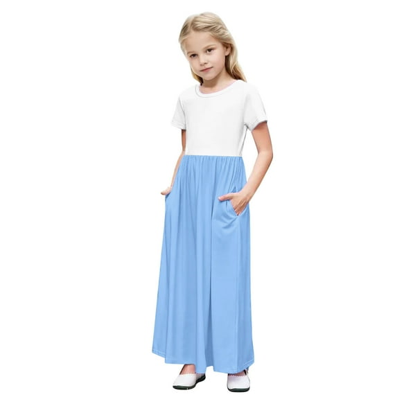 Dvprdro Toddler Kids Girls Summer Casual Dress Fashion Solid Patchwork Crew Neck Short Sleeve Tiered Pleated A Line Pocket Party Beach Long Dress