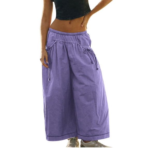 Dvprdro Trendy Low Cut Wide Leg Pants for Women Solid Color Casual Cargo Trousers with Ruched Pockets Classic Elastic Waist Drawstring Lounge Pants Womens Loose Fit Track Pants