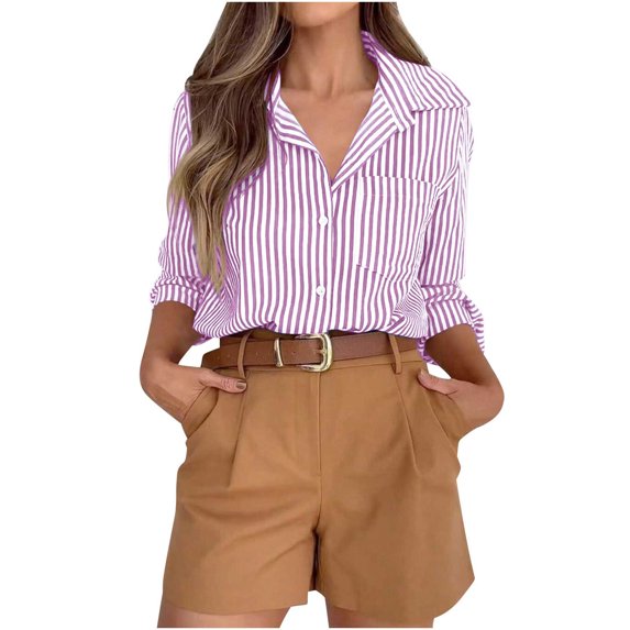 Dvprdro Trendy Striped Long Sleeve Blouse for Women Casual Comfy Boho Tops Lightweight Button Down Work Shirts with Pocket