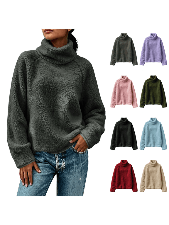 Turtleneck Pullover for Women Fleece Lined Long Sleeve Raglan Sleeve Sweater Casual Fall Winter Top