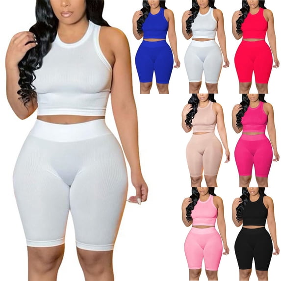 Dvprdro Two Piece Set for Women Sleeveless Crewneck Top High Waist Shorts Solid Color Casual Summer Activewear Outfits